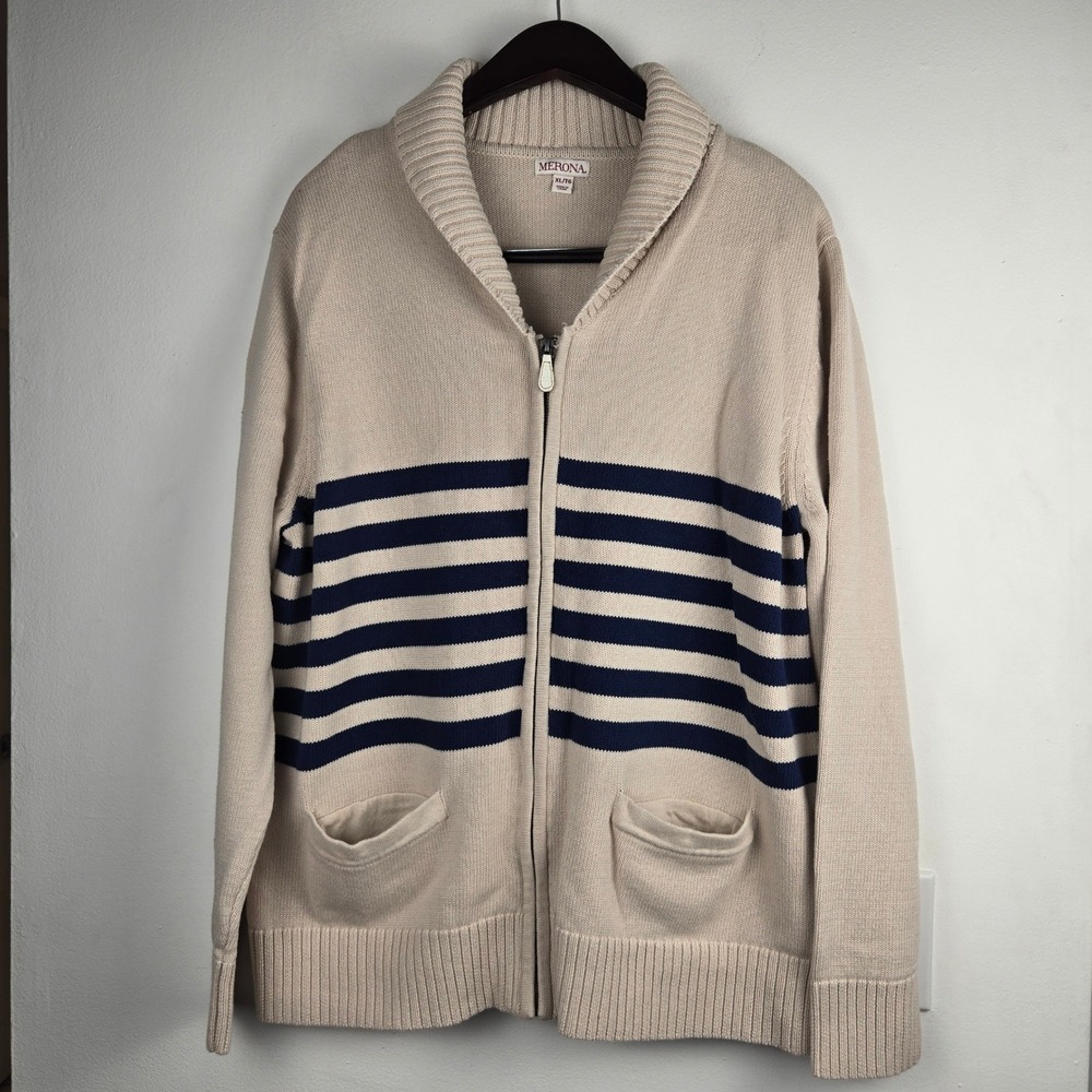 Merona Mens XL Full Zip Shawl Collar Cardigan Sweater Beige Navy Blue Striped